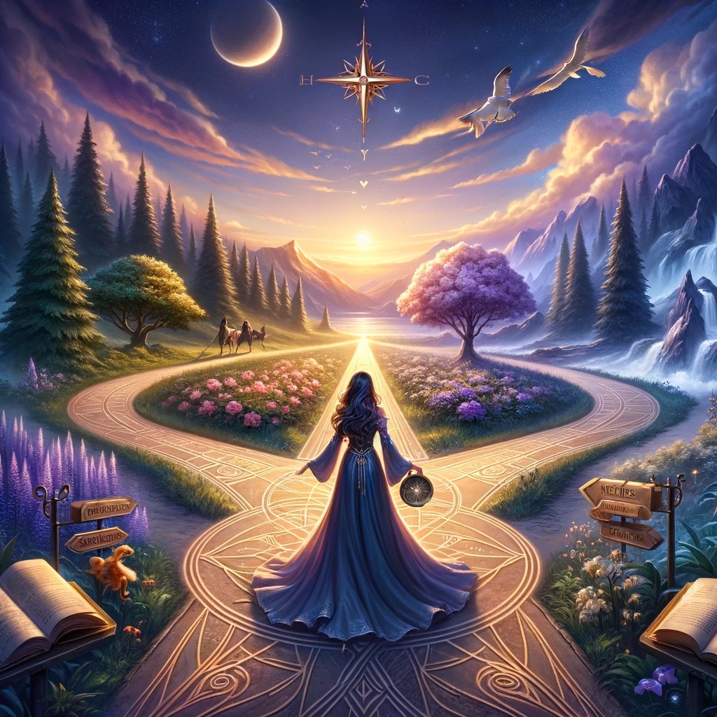 A woman at a mythic crossroads holding a compass